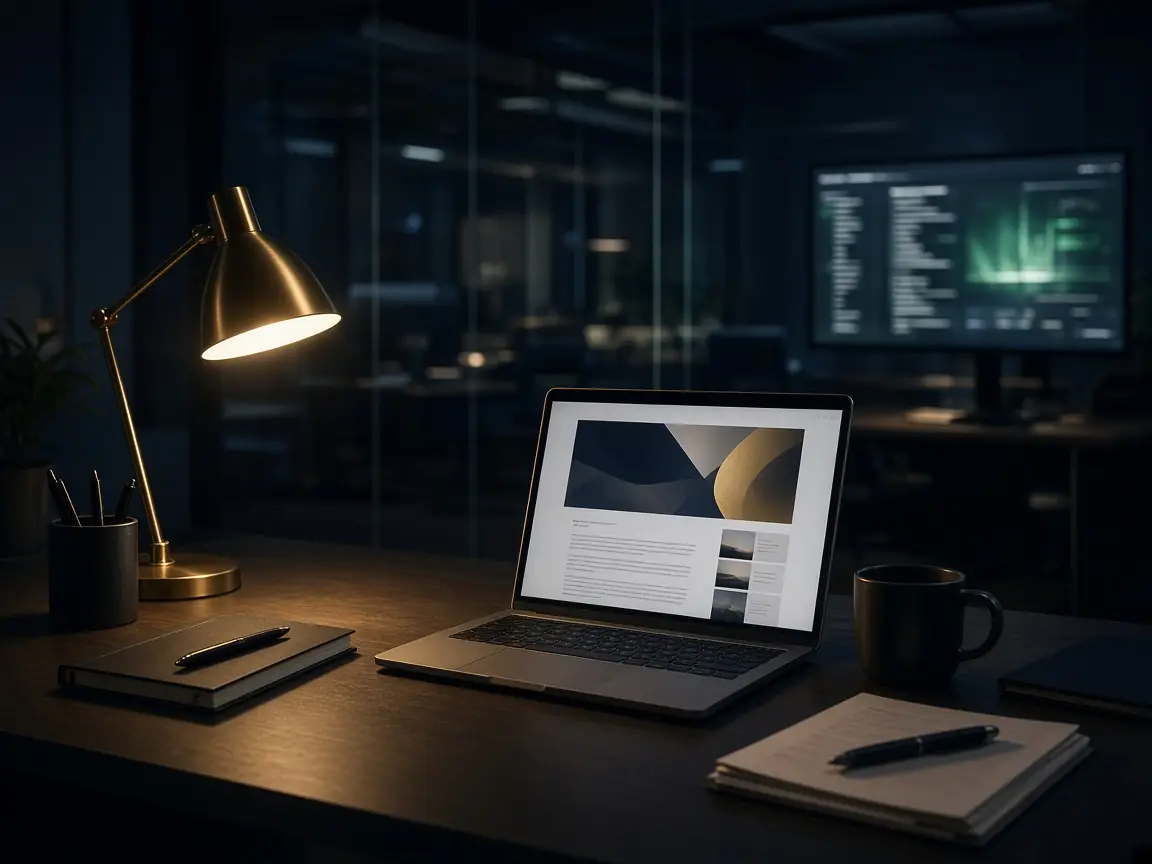 Editorial desk at night with a laptop showing an article draft